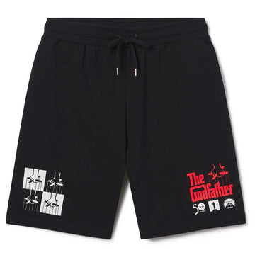 Black shorts with graphic designs on a white background The Godfather movie logo for the 50th anniversary of the film